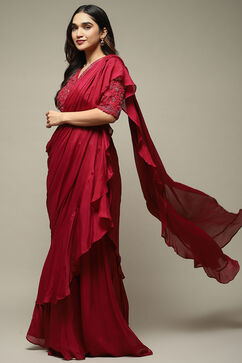 Berry Pre-draped Nylon Saree With A Stitched Blouse image number 6
