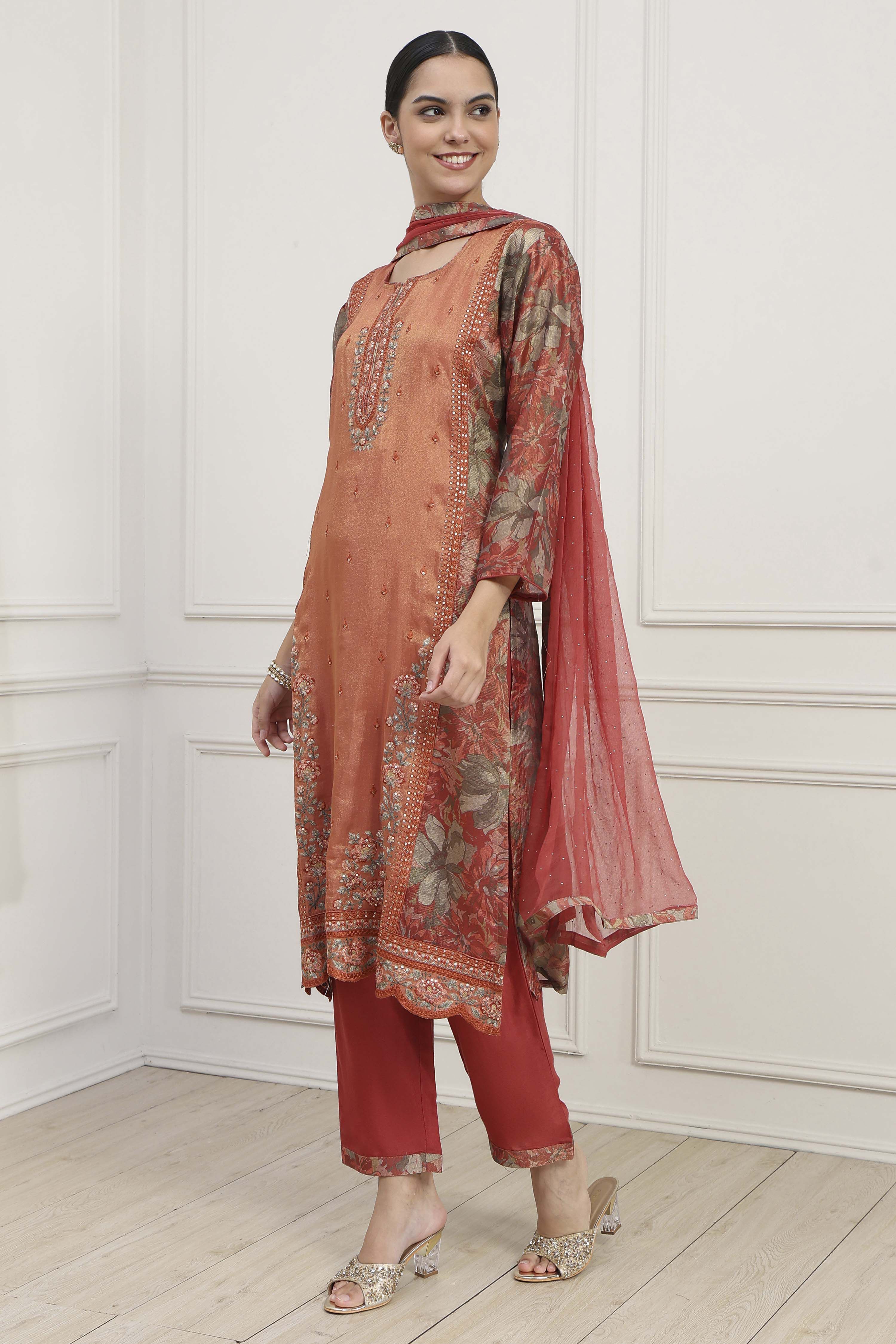 Rust Silk Blend Machine Embroidered Unstitched Suit Set image number 4