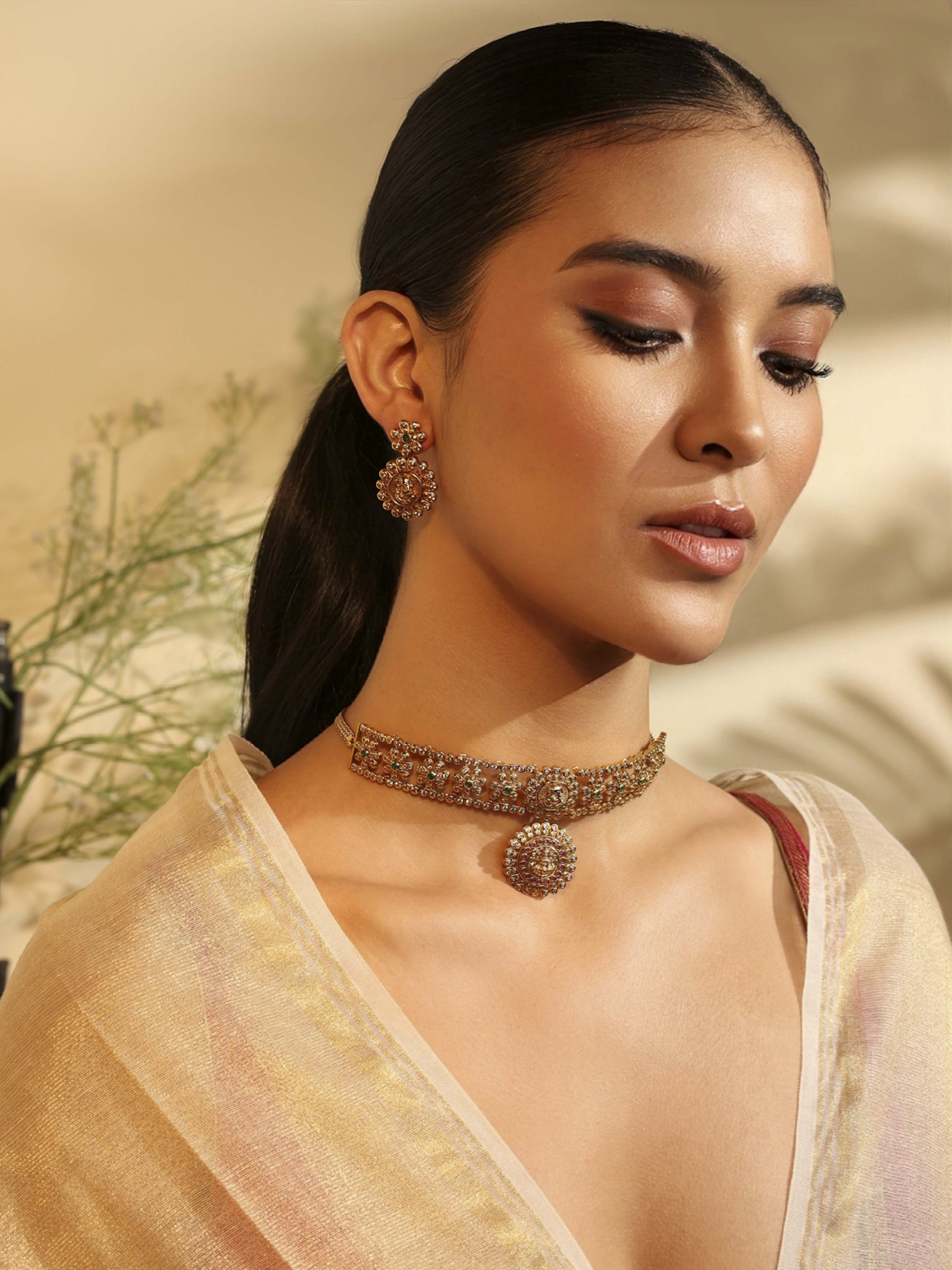 Gold Plated Brass Choker Necklace Set image number 3