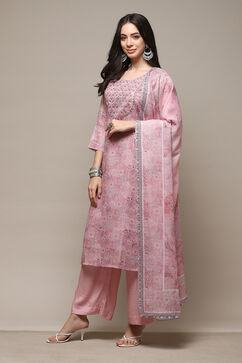 Pink Linen Machine Embroidered Unstitched Suit Set image number 6