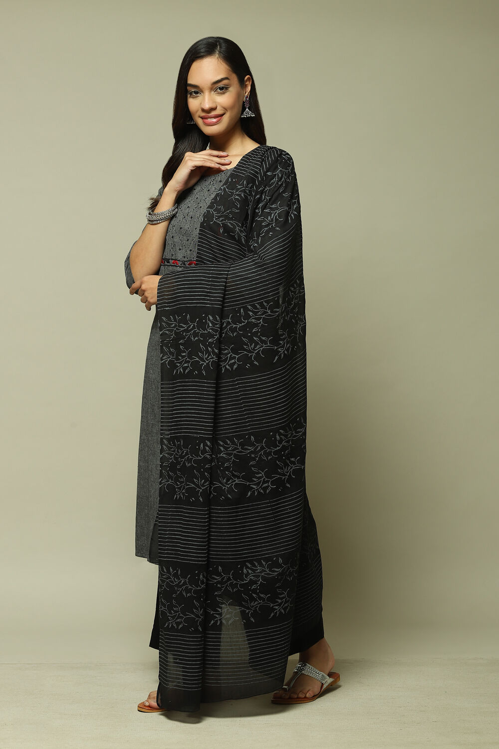 Dark Grey Cotton Machine Embroidered Unstitched Suit Set image number 5