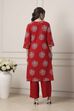 Red Cotton Floral Motifs Straight Suit Set image number 4