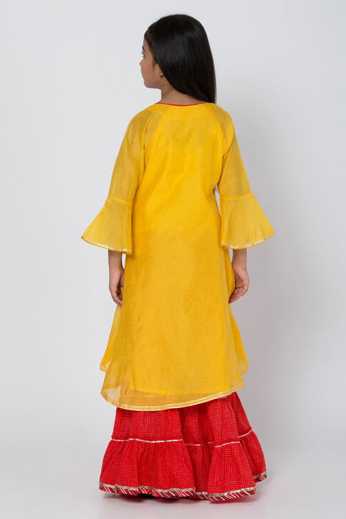 Red And Yellow Poly Cotton Asymmetric Kurta Sharara Suit Set image number 4