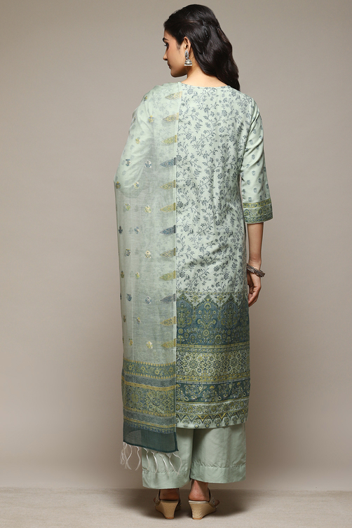 Green Cotton Blend Straight Yarndyed Kurta Suit Set image number 4