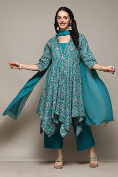 Turquoise Cotton Anarkali Kurta Palazzo Suit Set image number 0