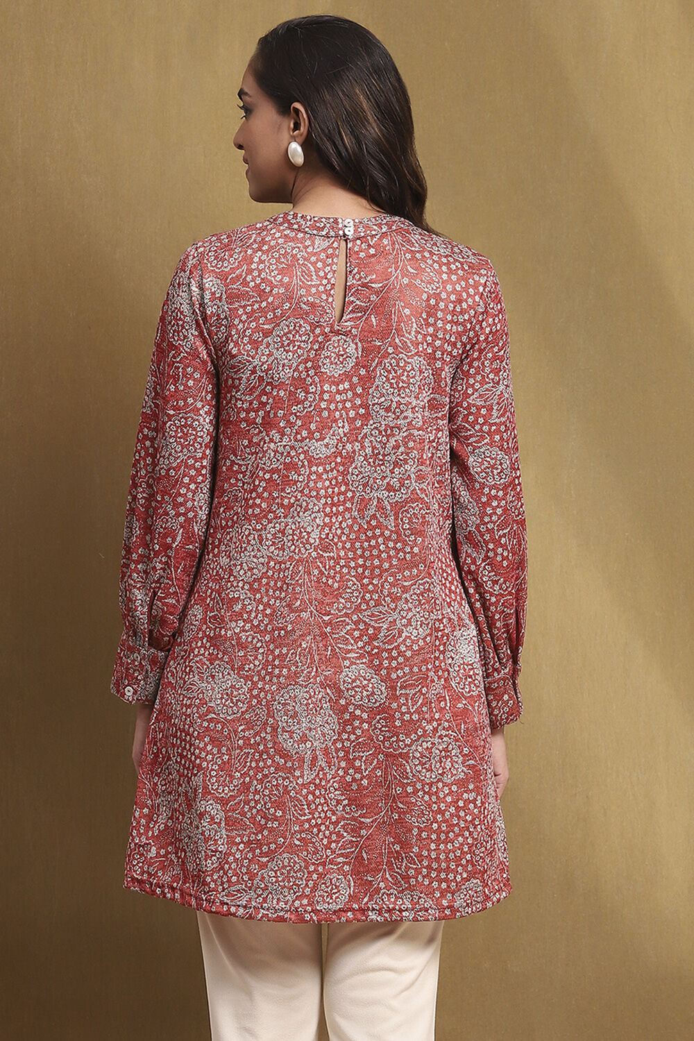 Red Knitted Block-Print Winter wear Short Kurta image number 3