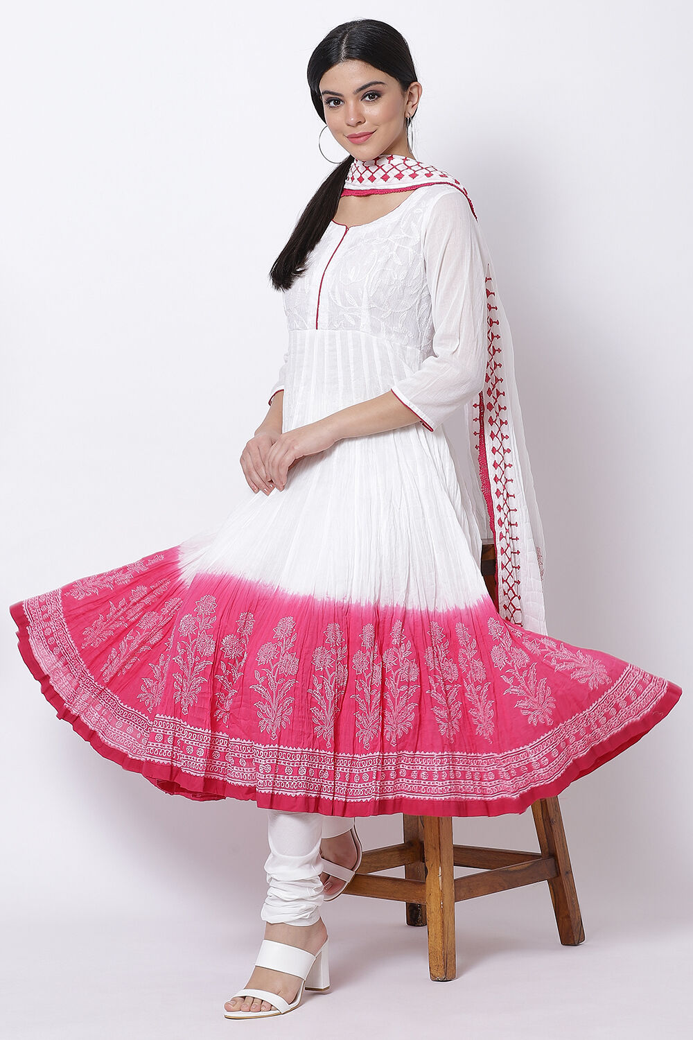 White And Blue Cotton Anarkali Kurta Churidar Suit Set image number 2