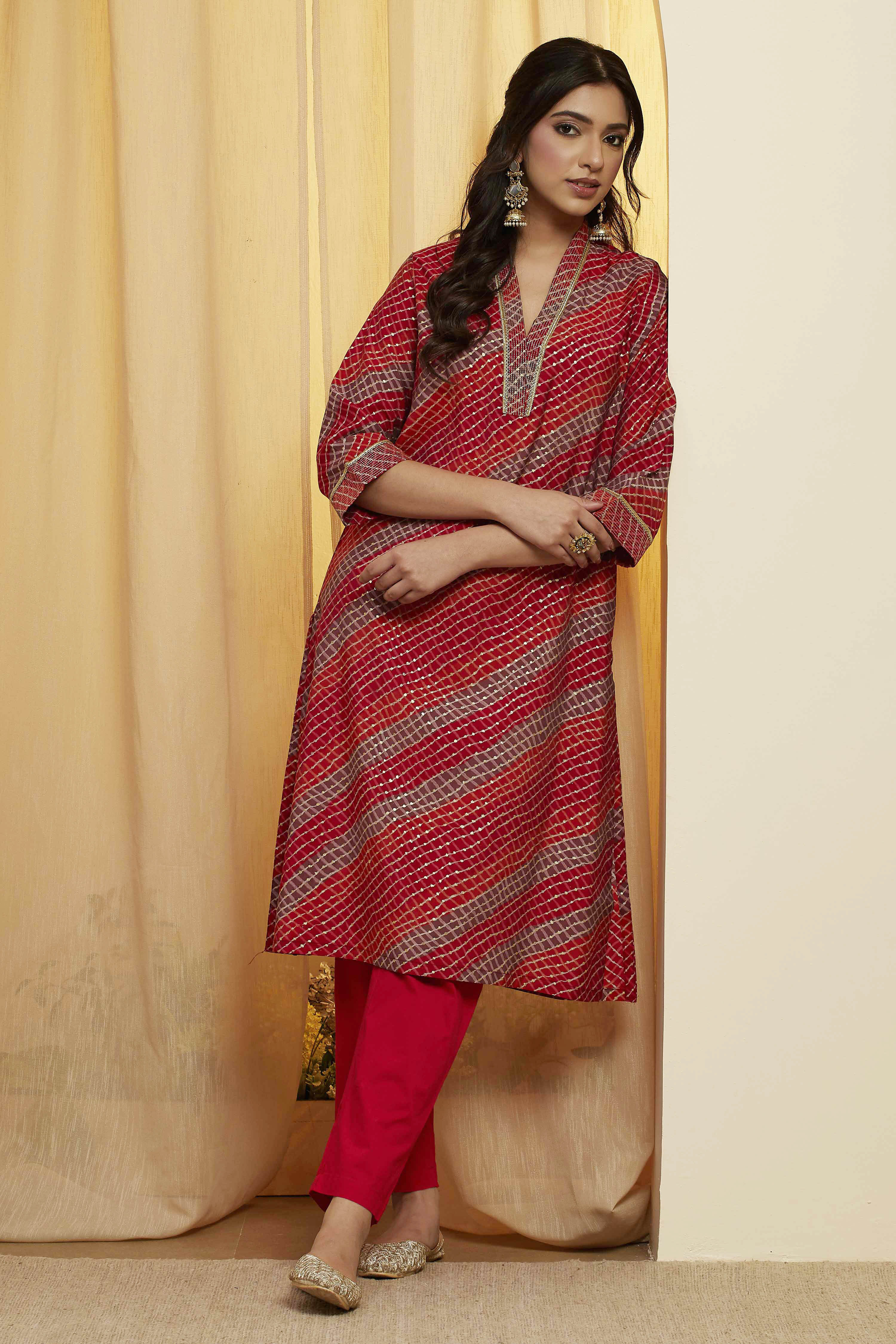 Red Poly Viscose Straight Kurta image number 0
