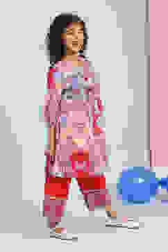 Pink and Blue Cotton Printed A-Line Kurta Set image number 0