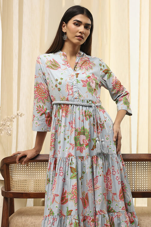 Earthy Blue Cotton Floral Tiered Dress image number 1