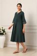 Green Cotton Solid Pleated A-Line Dress