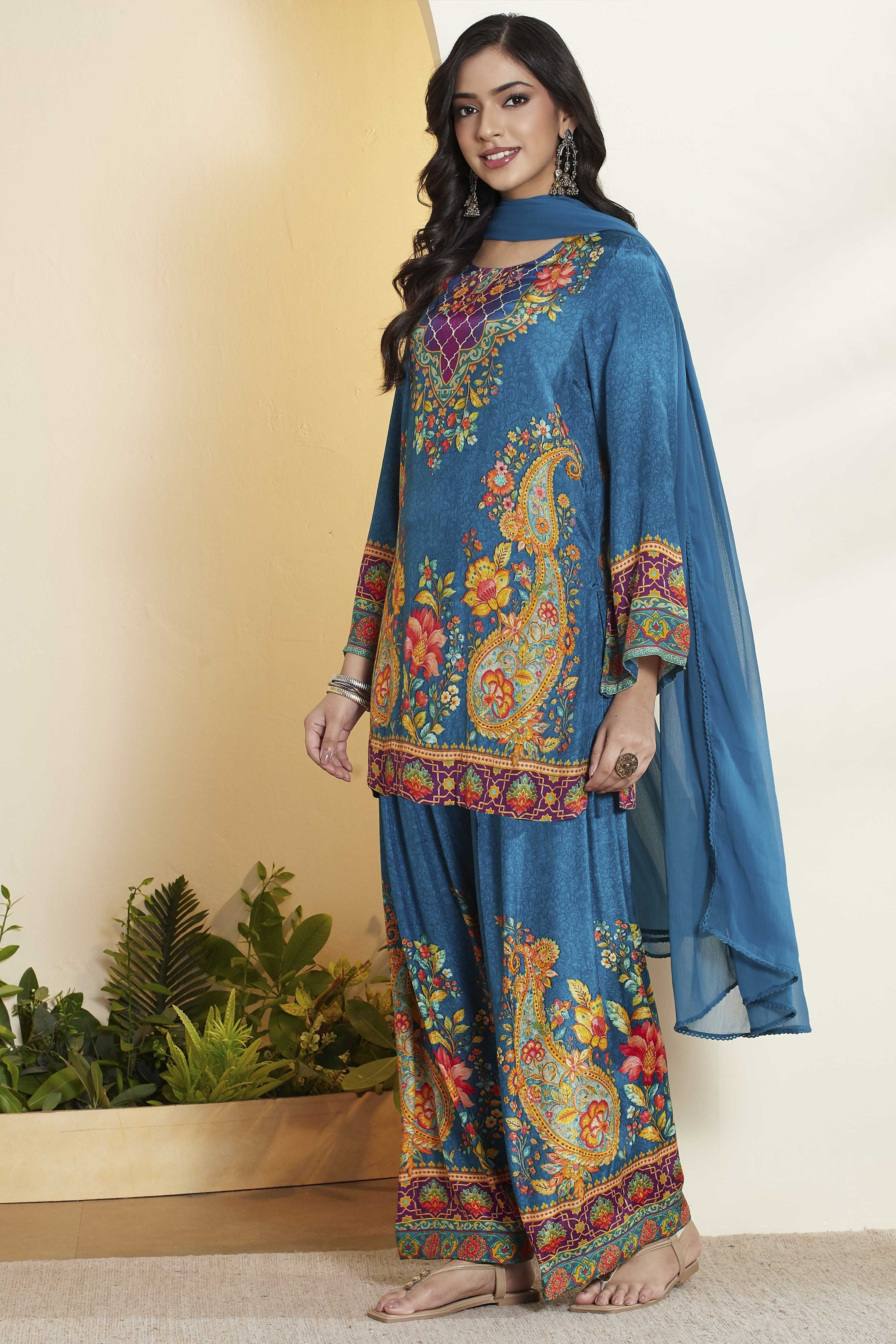 Blue Viscose Rayon Printed Straight Kurta Set image number 4