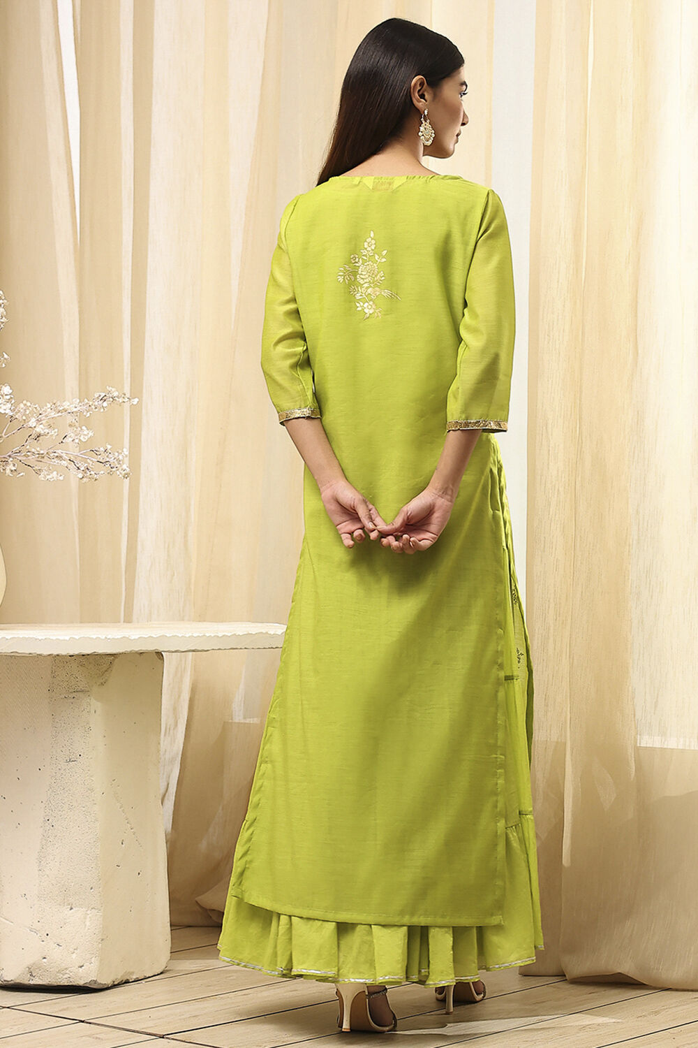 Green Poly Chanderi Layered Tiered Dress image number 5