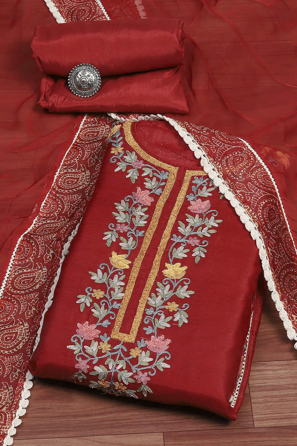 Teal Chanderi Unstitched Suit Set image number 0