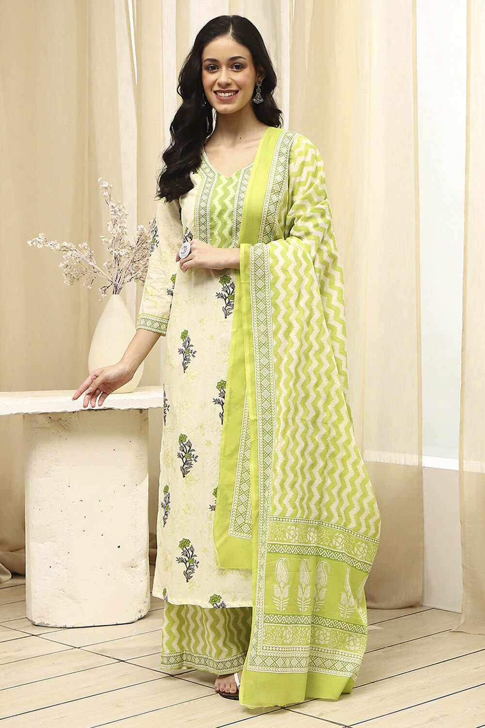 Assorted Cotton Hand Block Print Unstitched Suit Set image number 7