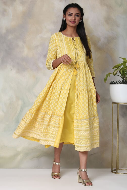 Yellow Cotton Double Layered Printed Kurta Dress image number 0