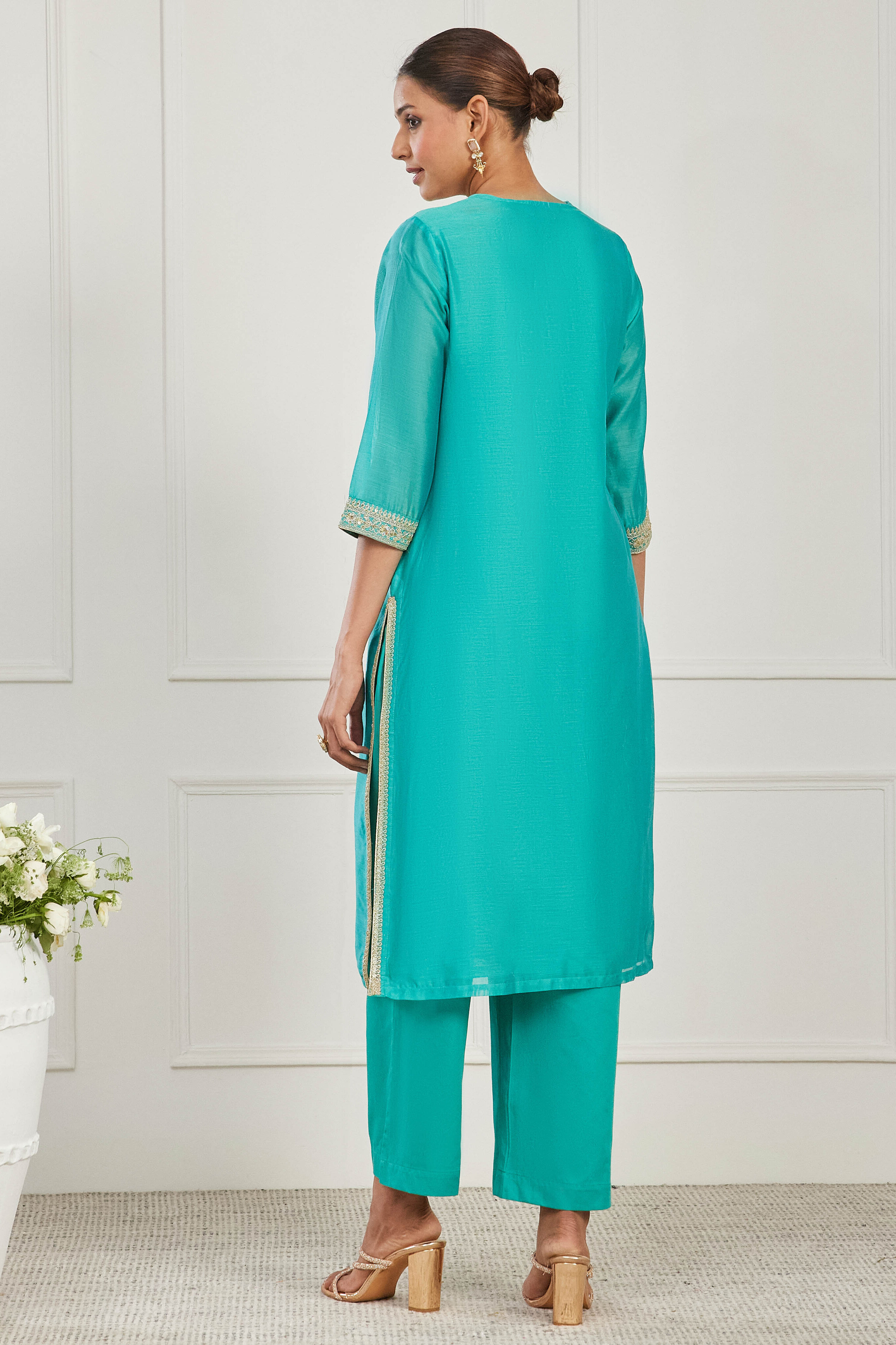 Turquoise Cotton Silk Straight Suit Set image number 4