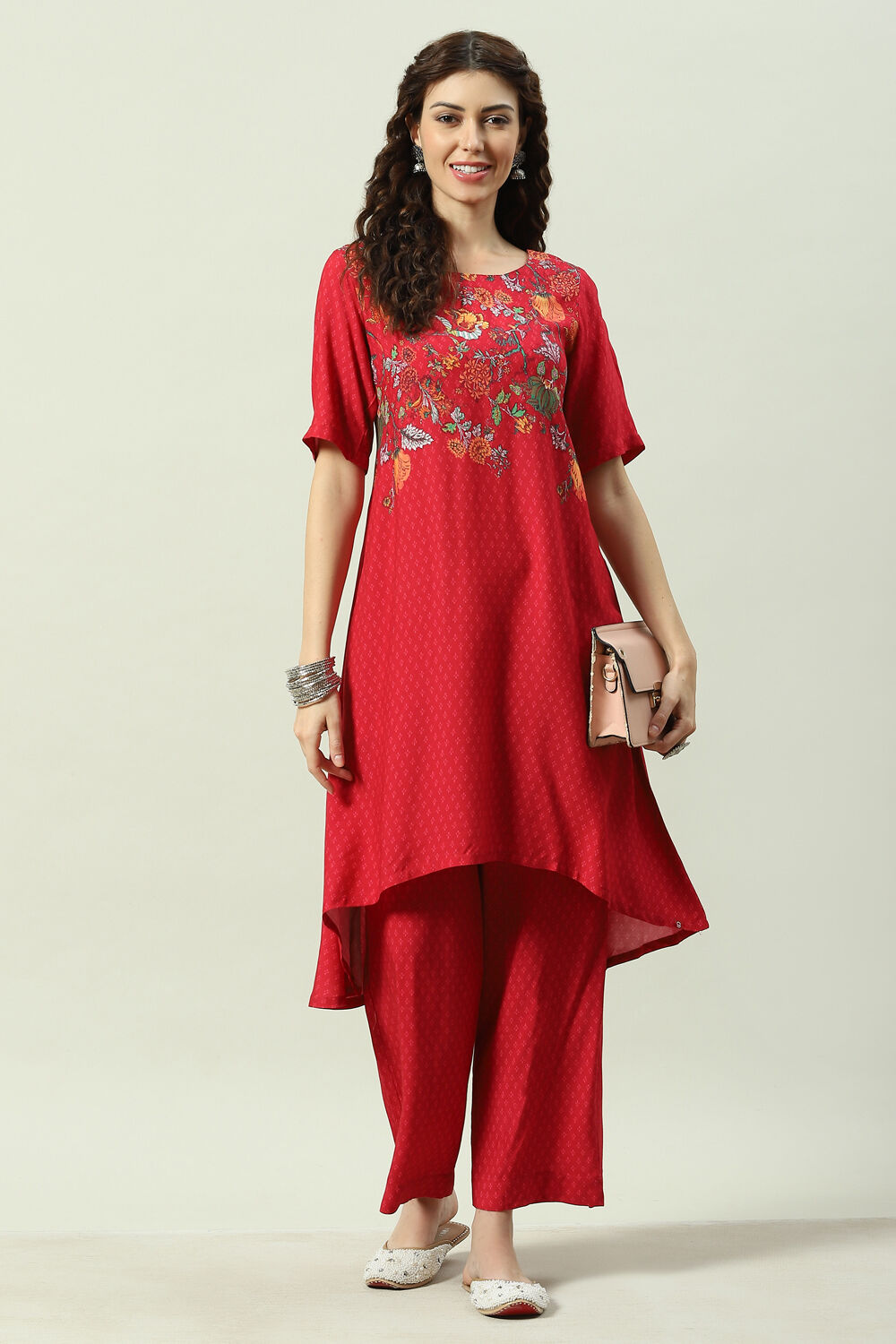 Red Printed LIVA Asymmetric Kurta Palazzo Suit Set image number 6