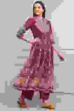 Magenta Cotton Kalidar Printed Kurta Pants Set image number 5