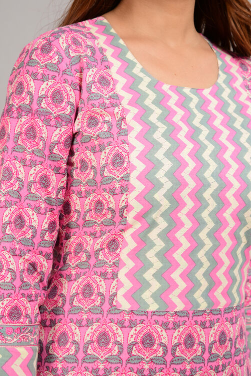 Pink Cotton Screen Print Unstitched Suit Set image number 3