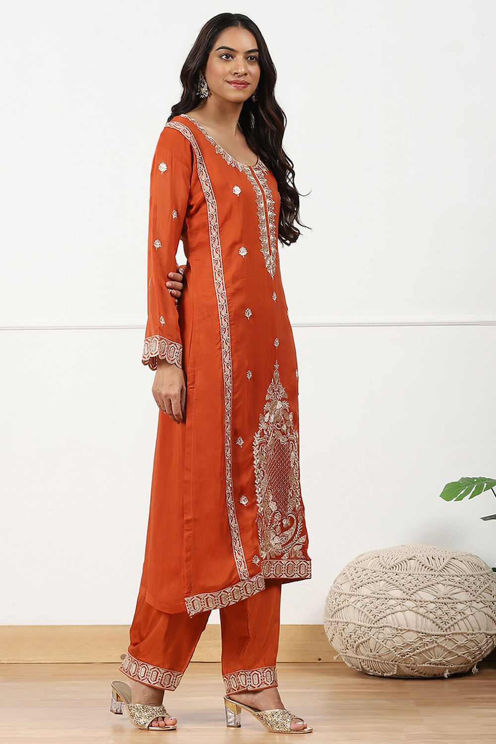 Mustard Organza Machine Embroidered Unstitched Suit Set image number 6