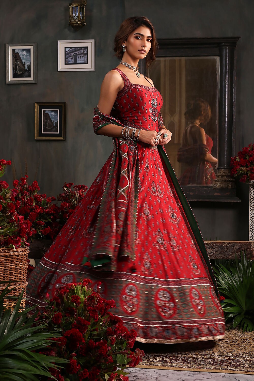 Red Chanderi Printed Fitted Lehenga Set image number 0