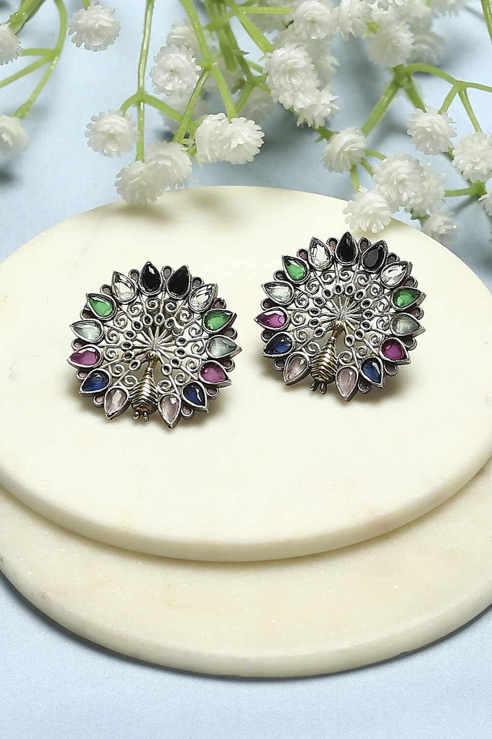 Multi-coloured Oxidised Navratan Studded Studs image number 0