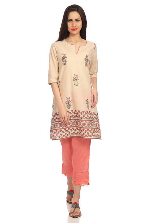 Cream Straight Cotton Printed Kurta image number 0