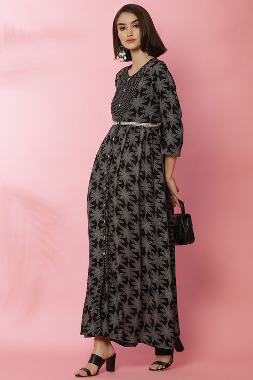 Black Viscose Slit Printed Dress image number 3