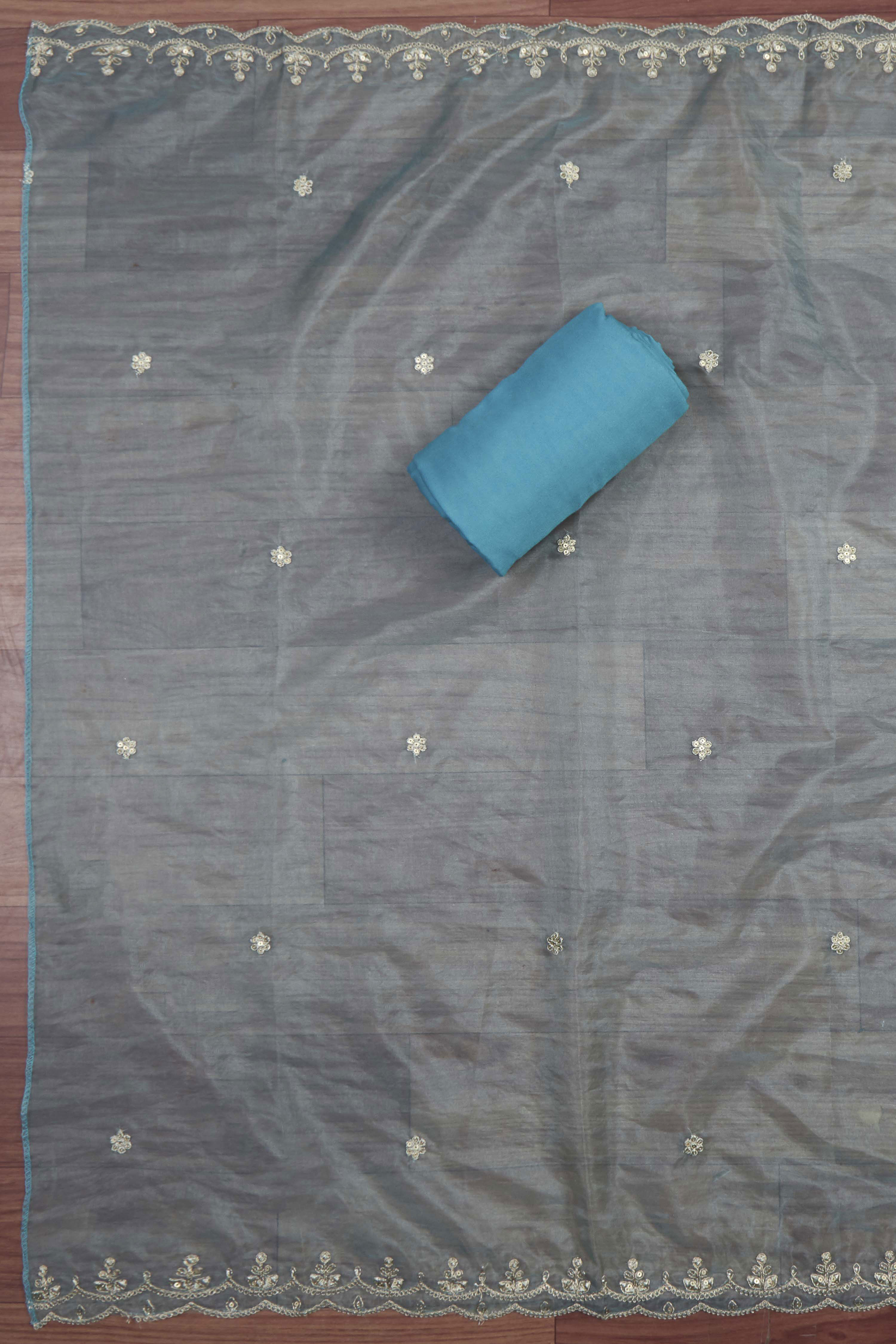 Blue Organza Rajasthani Print Unstitched Suit Set image number 3