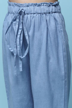 White & Blue Printed Cotton Tiered Kurta With Pants & Scarf image number 2