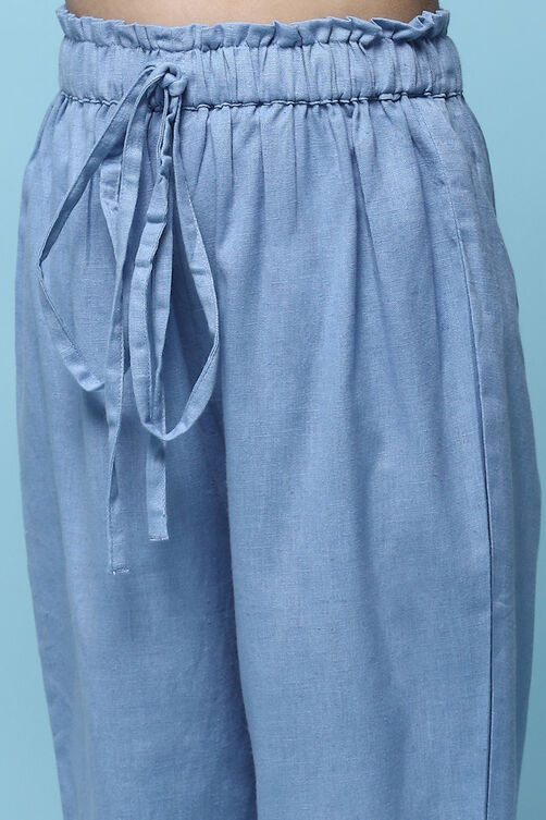White & Blue Printed Cotton Tiered Kurta With Pants & Scarf image number 2