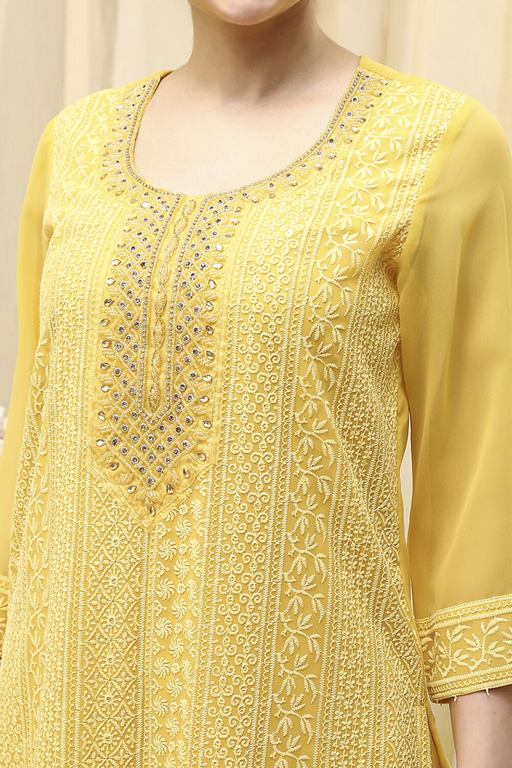 Yellow Georgette Schiffli Unstitched Suit Set image number 2