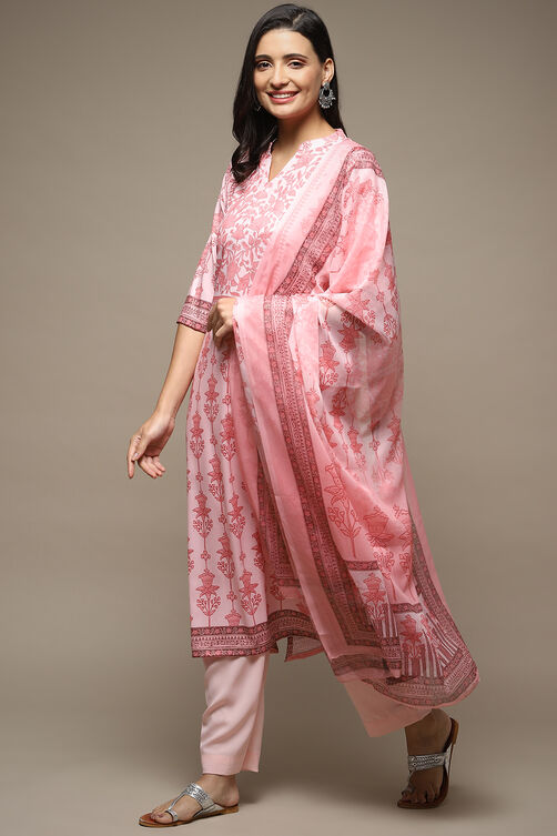 Pink Silk Blend Digital Print Unstitched Suit Set image number 5