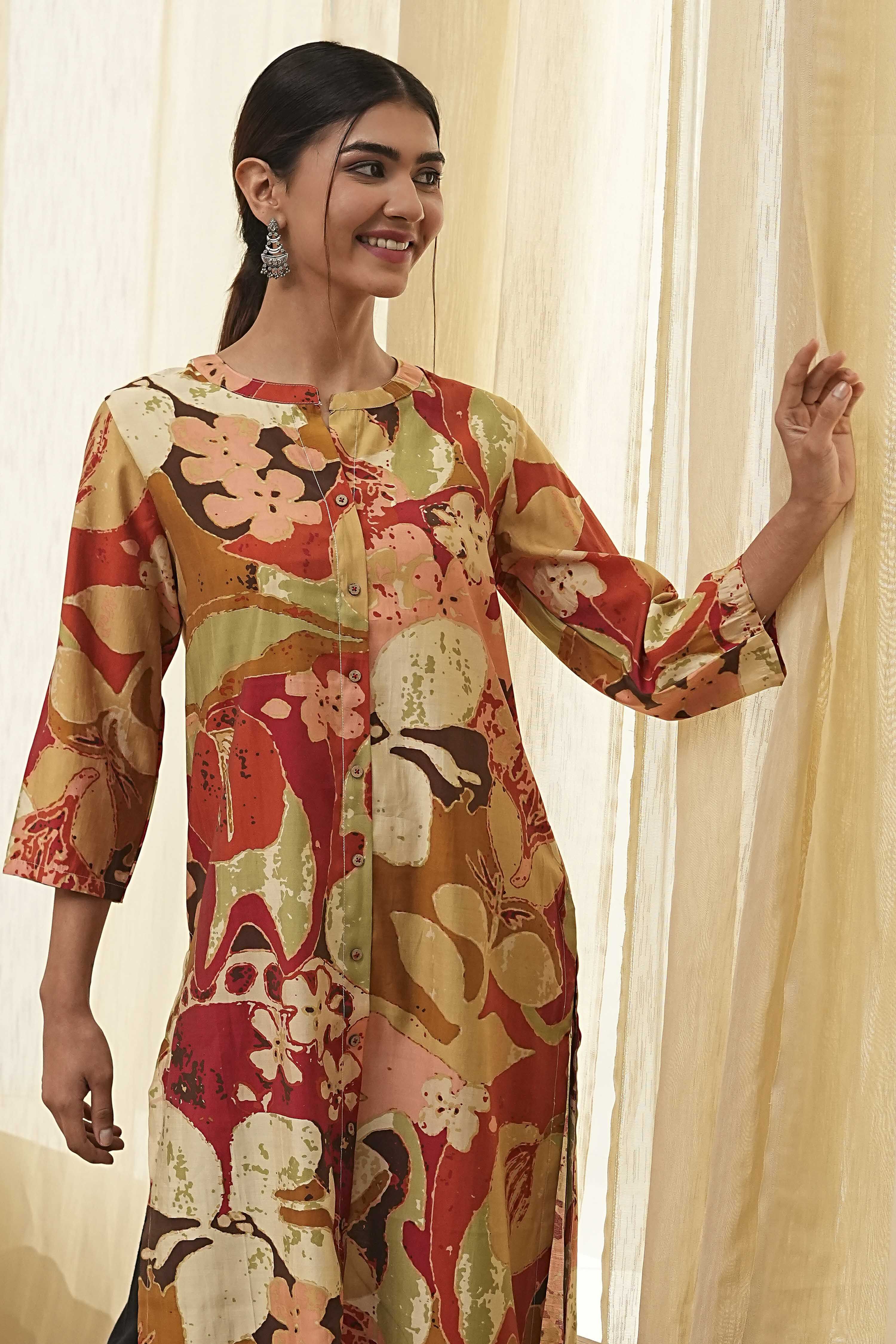 Rust Printed Straight Kurta image number 1