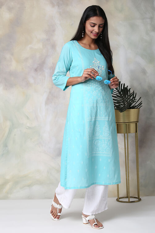 Sea Green Chikankari Embroidered Kurta image number 4