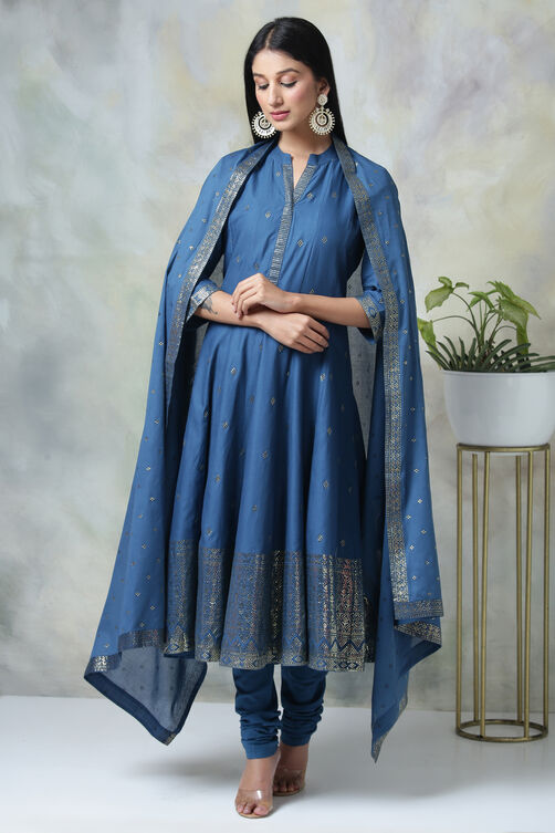 Blue Cotton Kalidar Kurta Churidar Suit Set image number 0