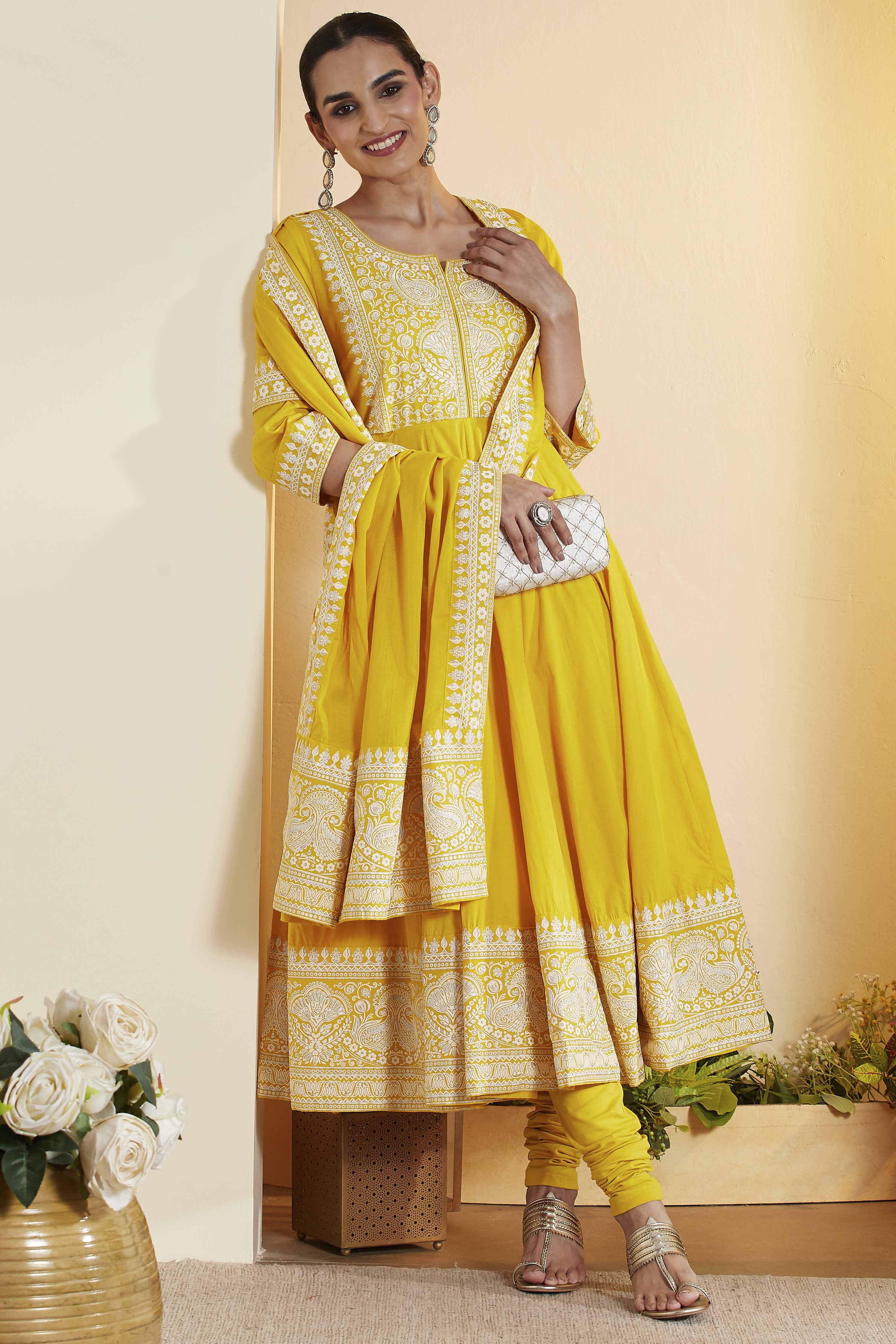 Yellow Cotton Embroidered Anarkali Kurta Set image number 0