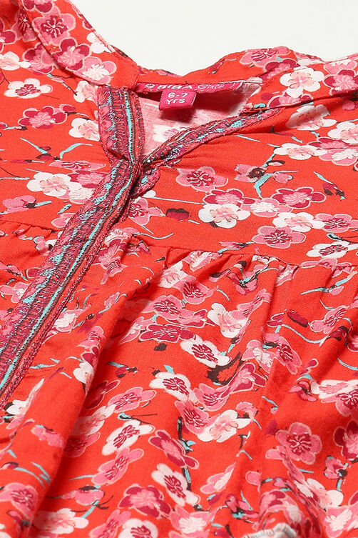Red Cotton Tiered Printed Dress image number 1