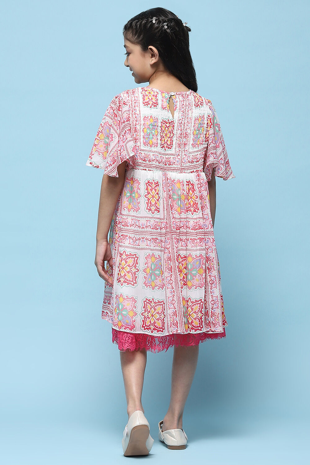 Pink Mosaic Printed Chiffon Dress With Smocking On Yoke image number 3