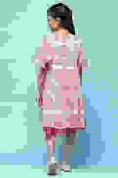 Pink Mosaic Printed Chiffon Dress With Smocking On Yoke image number 3