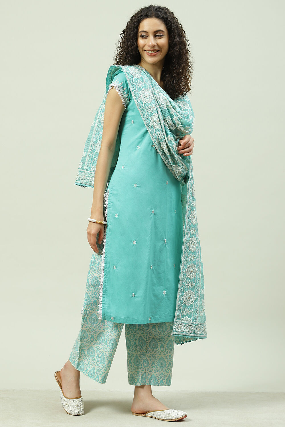 Sea Green Cotton Straight Kurta Palazzo Suit Set image number 6