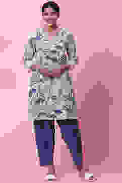 White And Blue Cotton A-Line Kurta Salwar Pant Suit Set image number 0