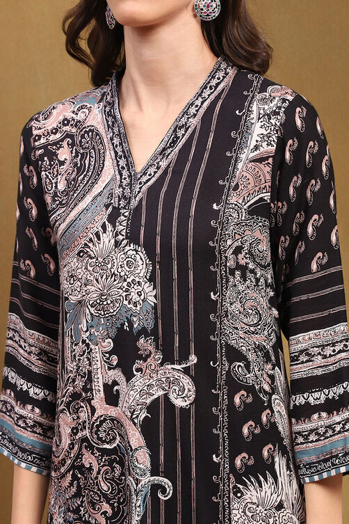 Grey Linen Viscose Plain Long Straight Kurta