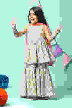 Turquoise Cotton Flared Kurta Sharara Suit Set image number 8