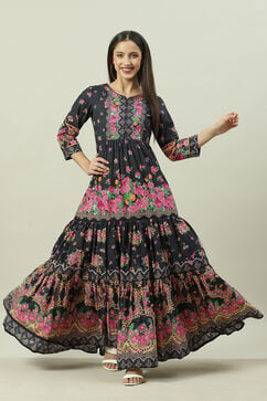 Black Cotton Flared Fusion Printed Dress image number 0