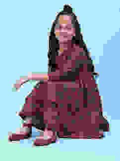 Green & Maroon Silk Front Open Printed Dress image number 6