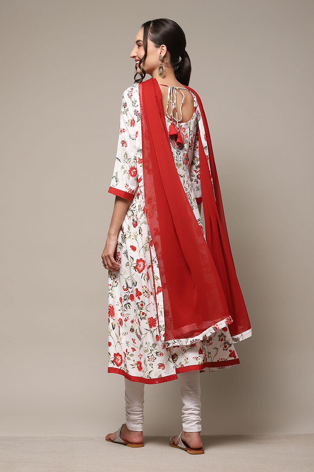 Off White Rayon Anarkali Kurta Churidar Suit Set image number 4