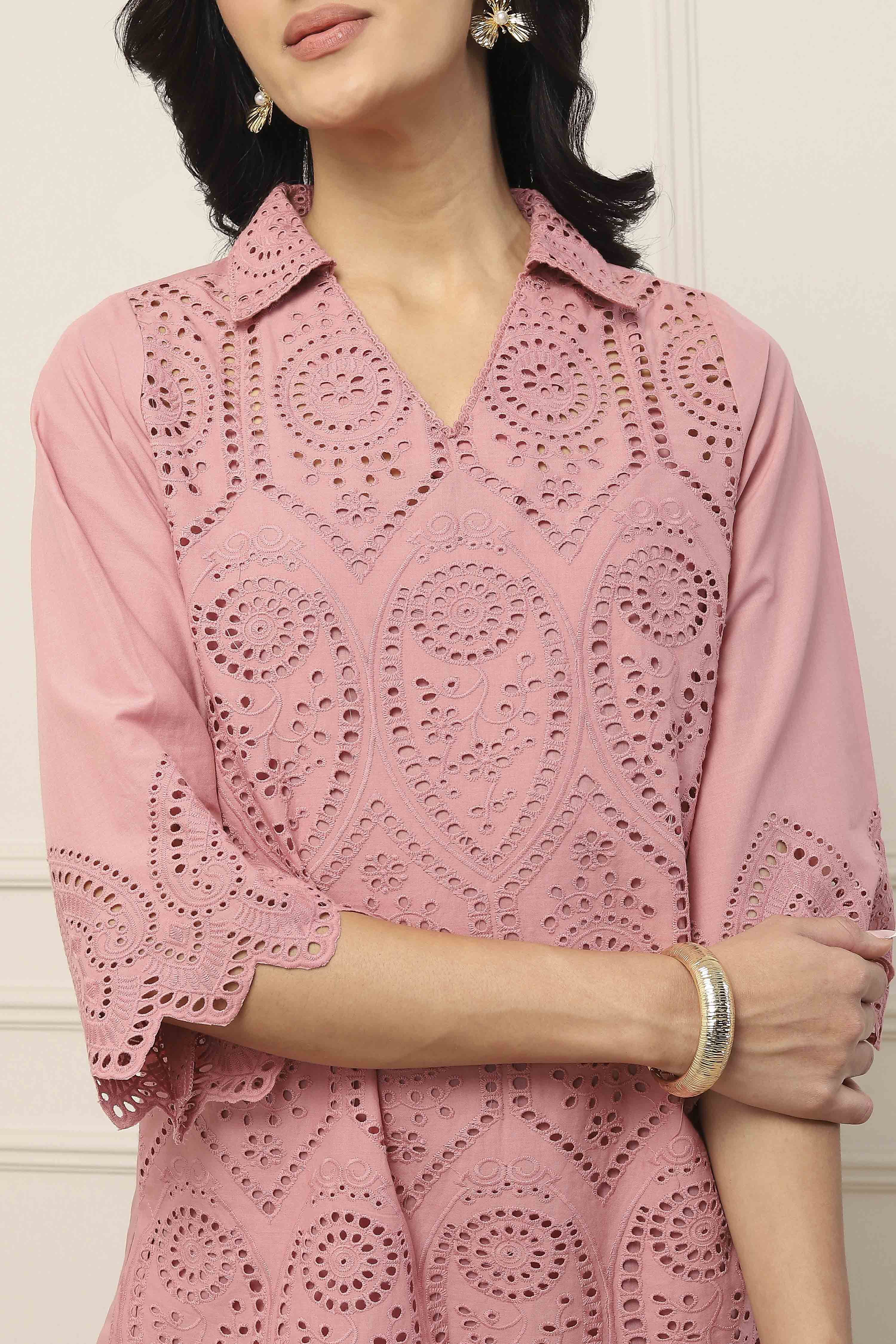 Dusky Pink Cotton Schiffli Straight Suit Set image number 1