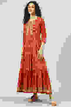 Rust Cotton Flared Fusion Printed Dress image number 2